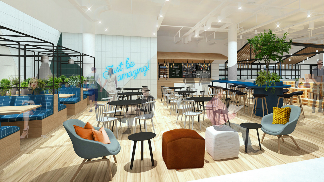 Rendering image of JustCo’s upcoming coworking location inside a shopping mall in Singapore