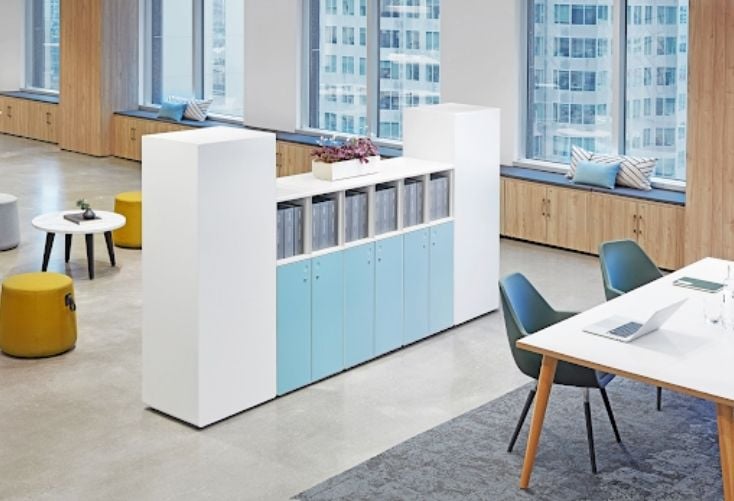 Lockers act as moveable workspace dividers and countertops too. Image credit: Office Speciality 