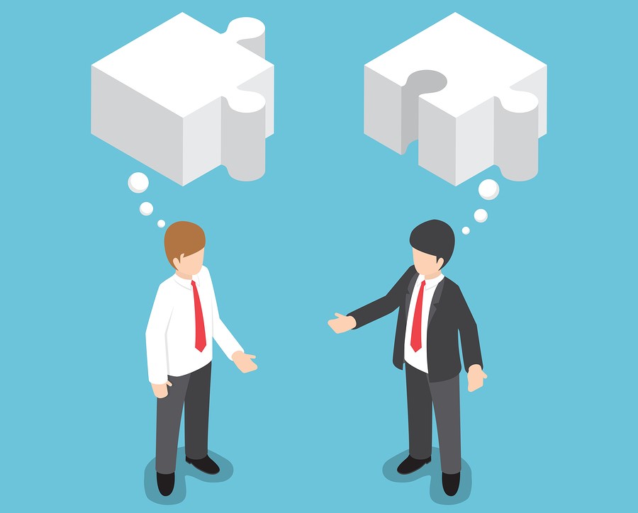 Isometric businessman in conversation with blank speech jigsaw shape compatibility collaboration joint efforts concept