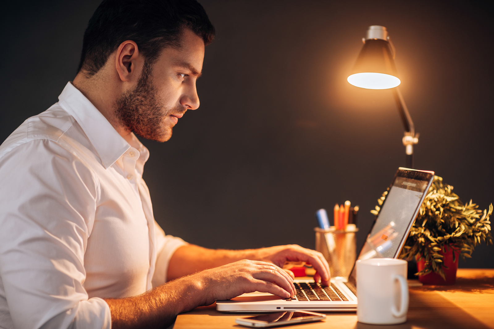 Side view of confident young man working on his laptop while sitting at his working place at night time
** Note: Soft Focus at 100%, best at smaller sizes